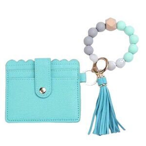 Teal/Aqua Faux Leather Card Holder With‎ Tassel Keychain Wallet Wristlet NEW
